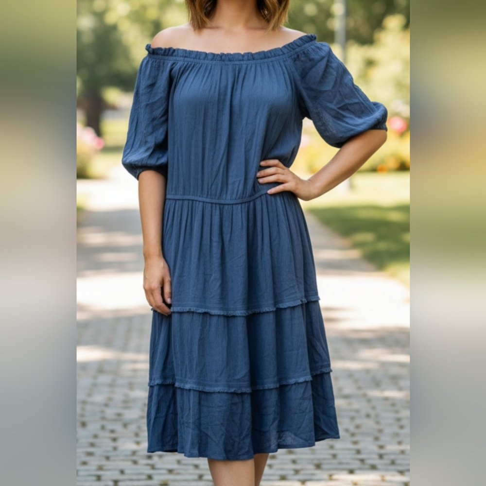 City Chic Denim Blue Tiered Midi Dress Pit 20
